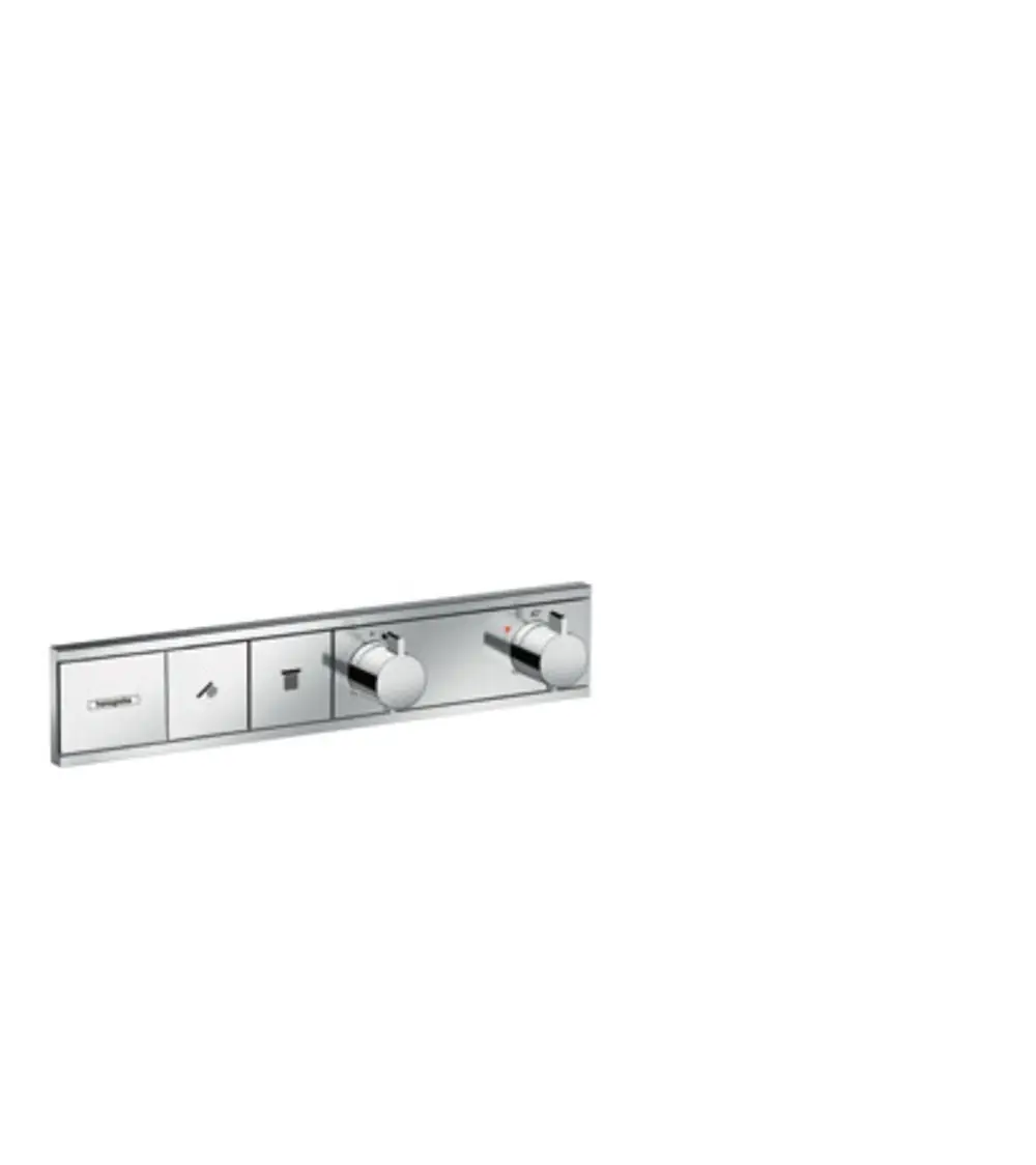 Hansgrohe Thermostat zur Unterputzmontage mit zwei Bedienelementen zur Wassersteuerung, gefertigt aus verchromtem Material, auf rechteckiger Grundplatte.